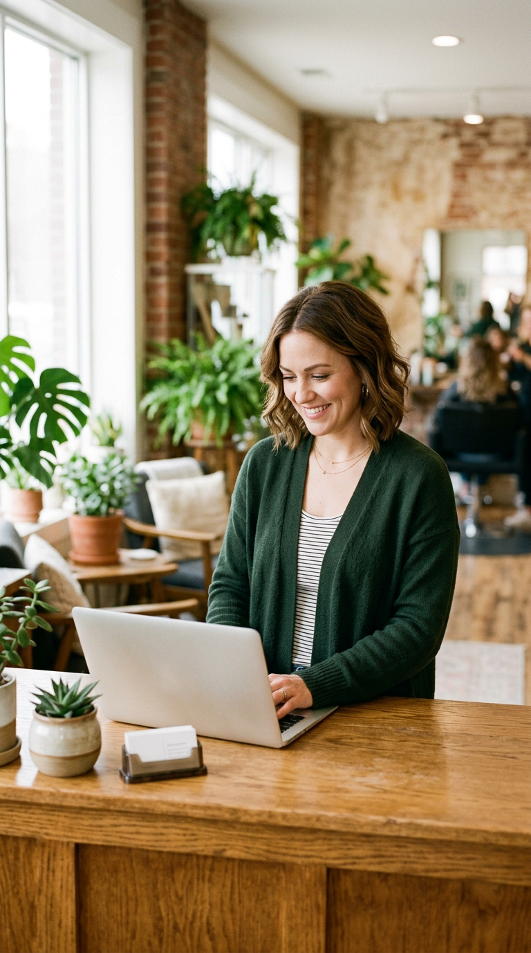 Generated image of a small salon owner smiling at a laptop on the front desk